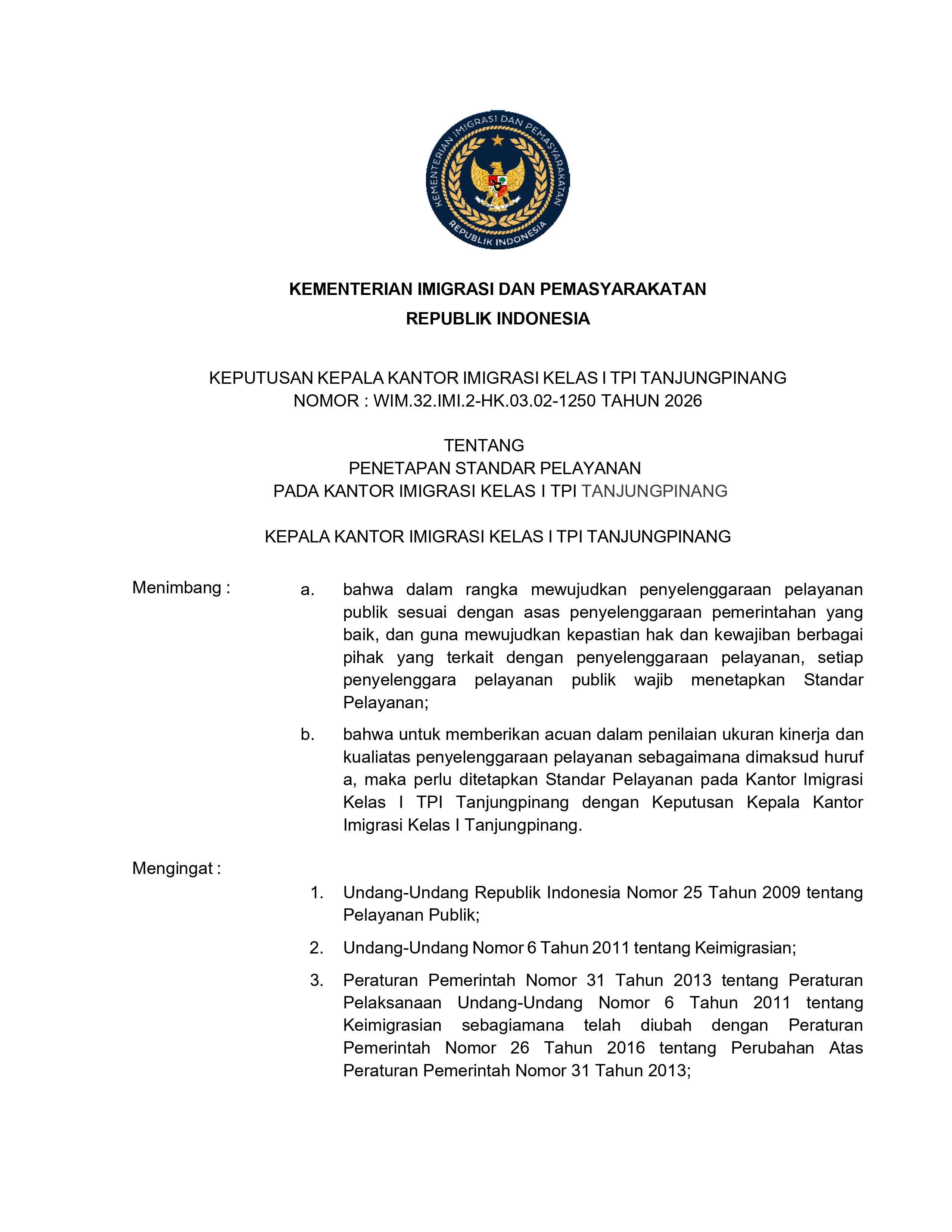 Standar Pelayanan terhadap seluruh jenis pelayanan yang diterbitkan oleh kepala satuan kerja dalam bentuk surat keputusan beserta lampiran 2026 page 0001